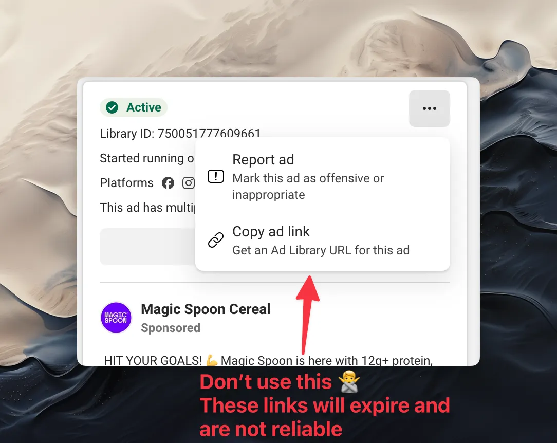 Don't save links from the Facebook ad library