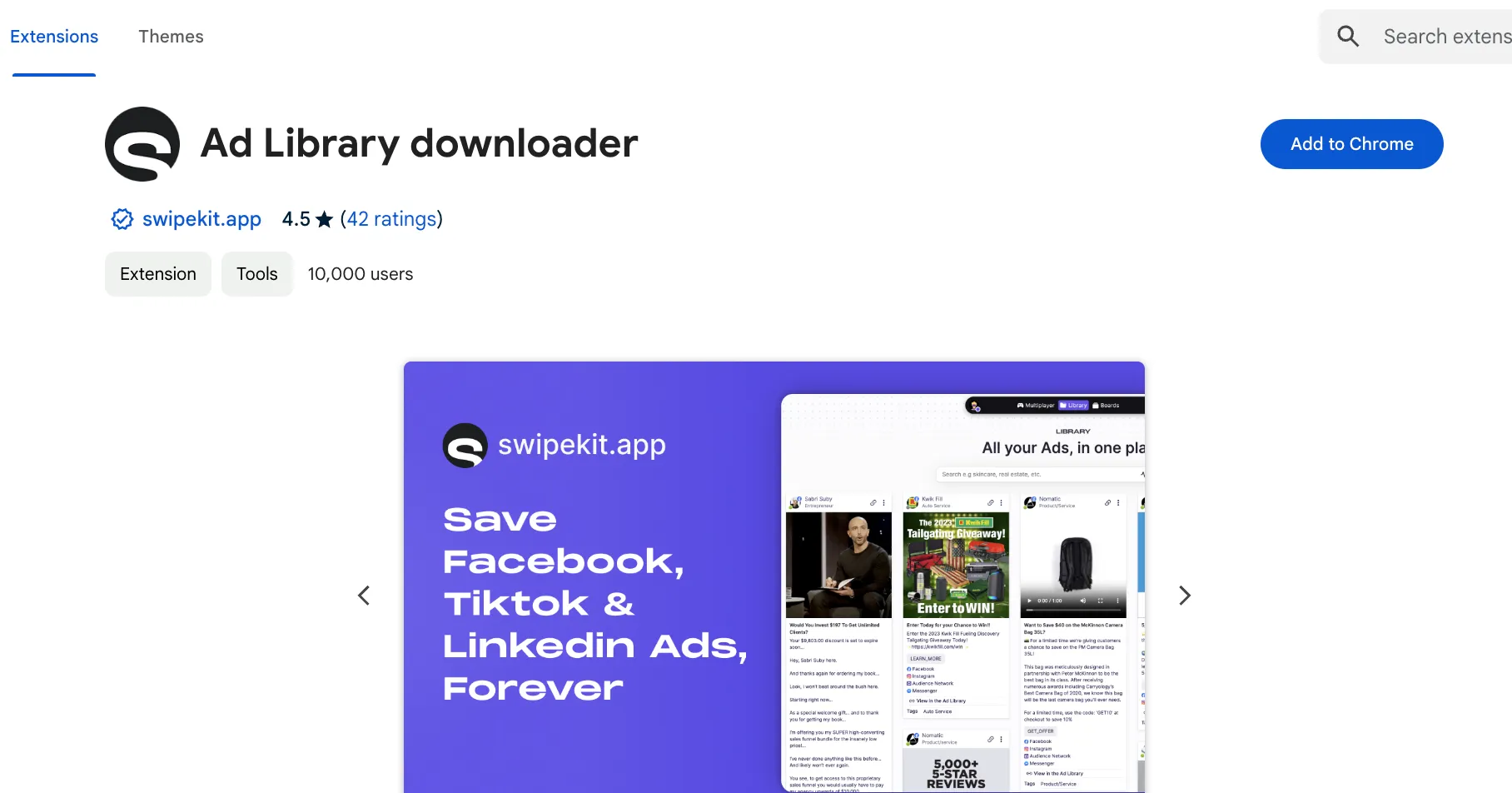 Swipekit Facebook Ad library downloader's Chrome webstore page