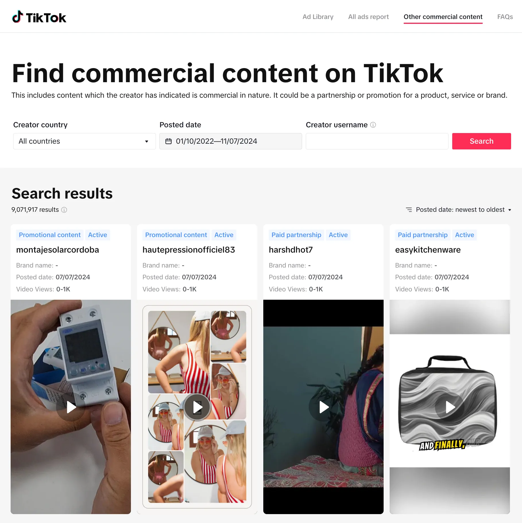 Tiktok commercial content library